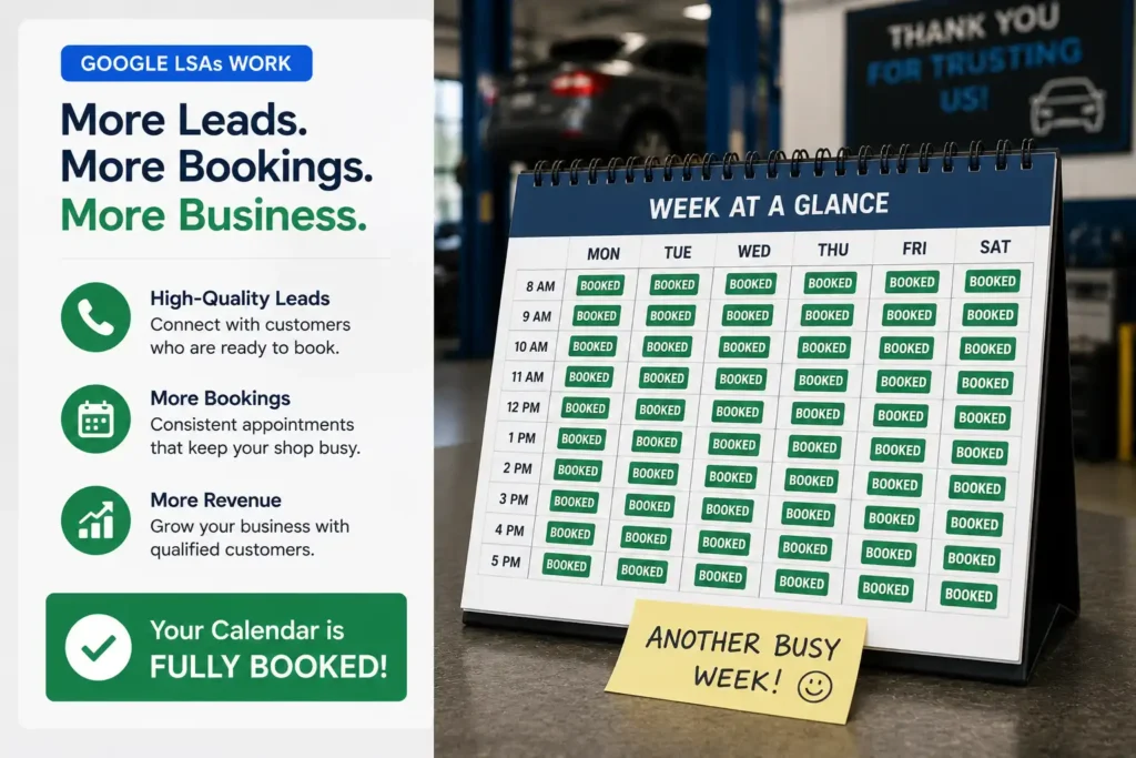 Auto repair shop appointment calendar fully booked with new customer jobs from Google Local Service Ads campaign