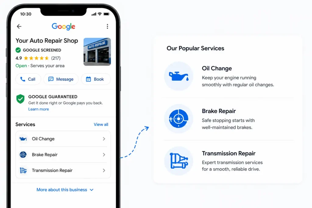 Google Local Service Ads profile for an auto repair shop showing specific services, including oil change, brake repair, and transmission service