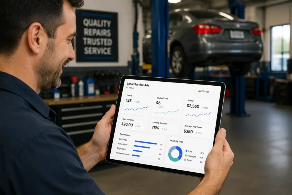 Independent auto repair shop owner reviewing Google Local Service Ads performance analytics and lead tracking dashboard on tablet