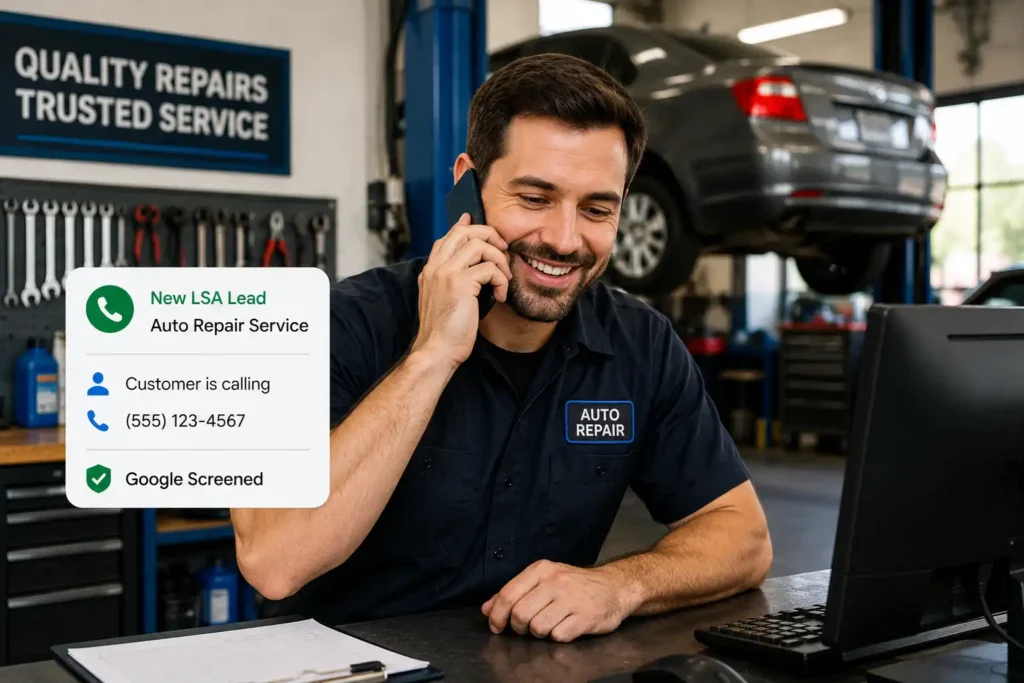 Professional auto mechanic answering phone call from a new customer lead generated through Google Local Service Ads