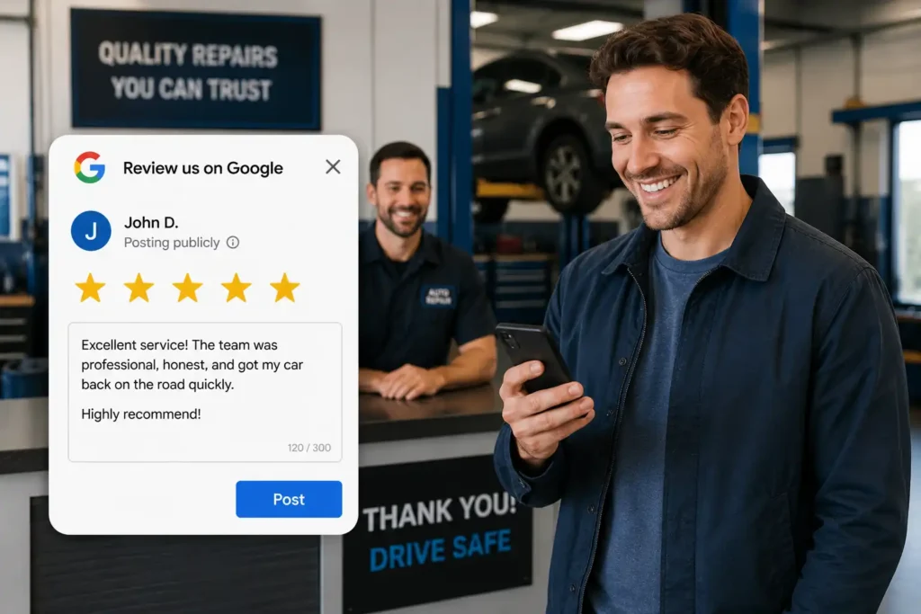 Satisfied customer leaving a five-star Google review on a smartphone after an auto repair service